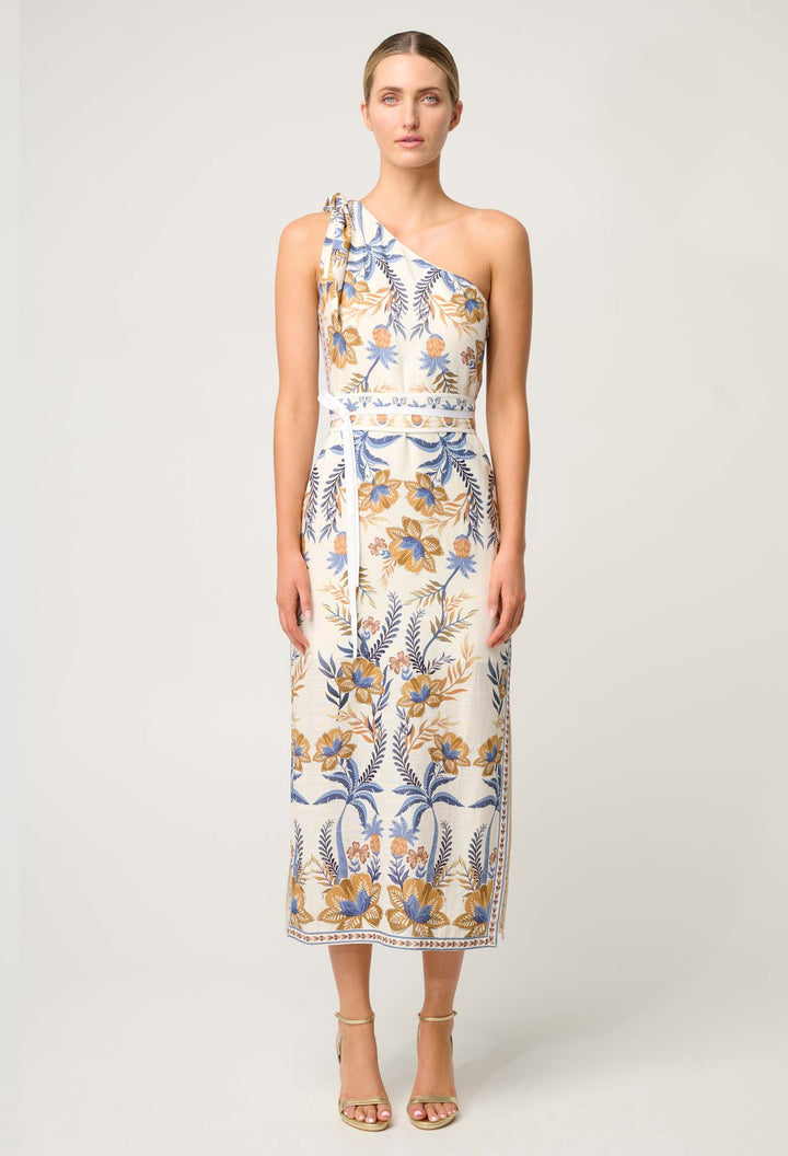 Amira One Shoulder Tie Linen Viscose Dress in Golden Medina - Stanleyandstone
