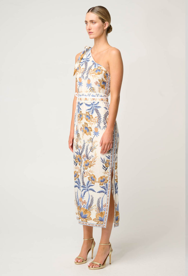 Amira One Shoulder Tie Linen Viscose Dress in Golden Medina - Stanleyandstone