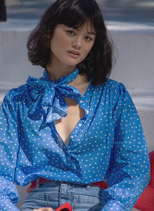 JE T'AIME BLOUSE - Marie Louise De Monteray Blue wit White hearts blouse Marie Louise De Monteray