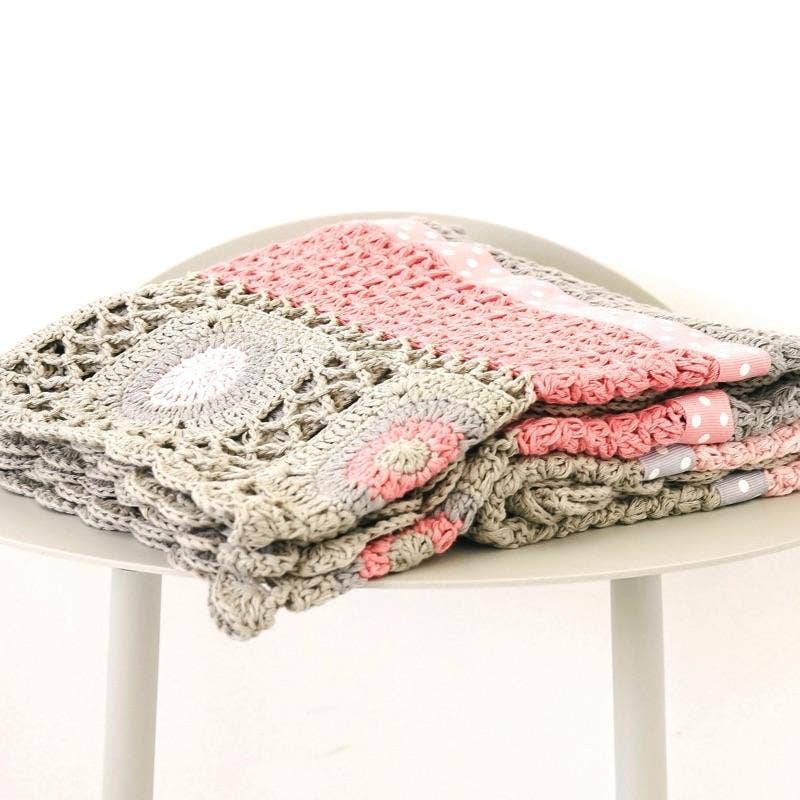Vintage Pink Hand Crochet Blanket and the little dog laughed