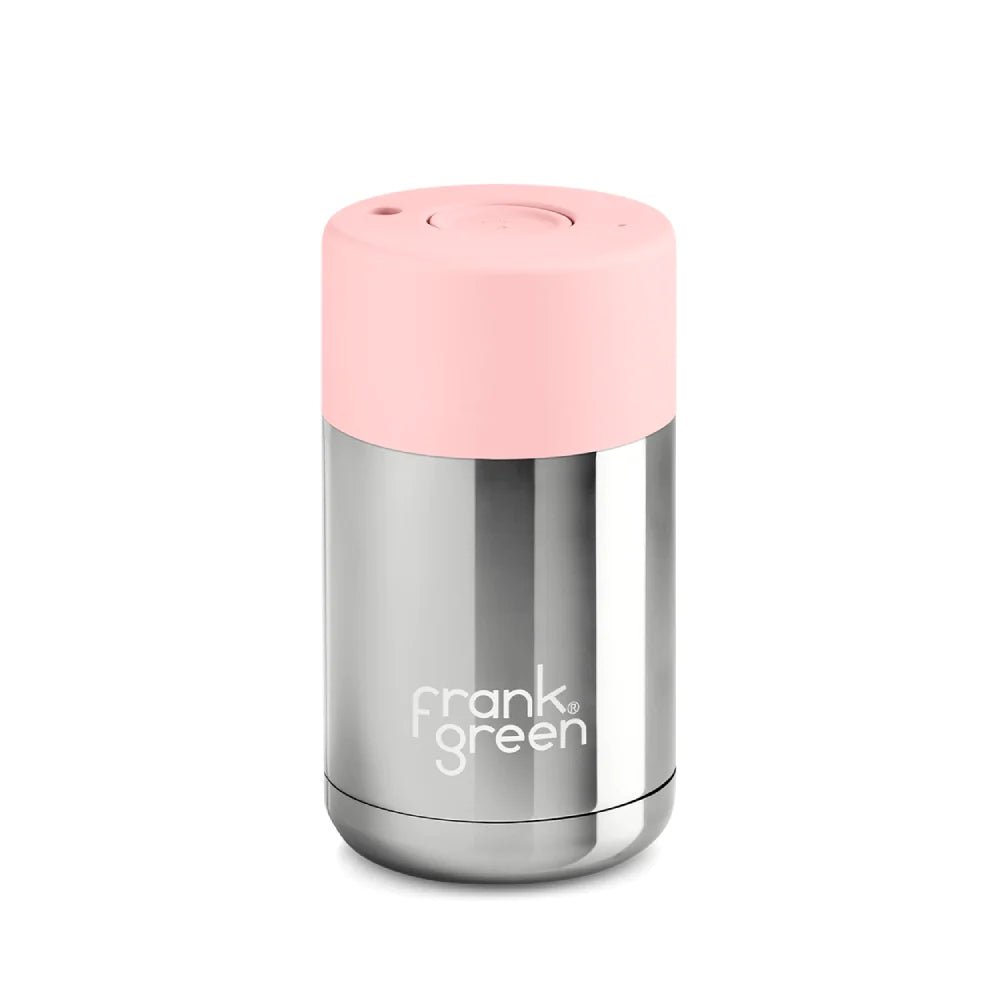 12oz Stainless Steel Ceramic Reusable Cup Chrome Silver with Push Button Lid Blushed with Button Blushed Drink Bottles Frank Green