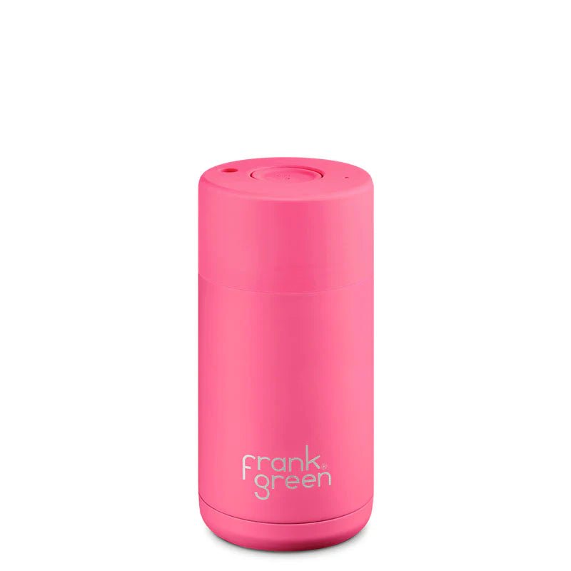12oz Stainless Steel Ceramic Reusable Cup Neon Pink with Push Button Lid Neon Pink with Button Neon Pink Drink Bottles Frank Green