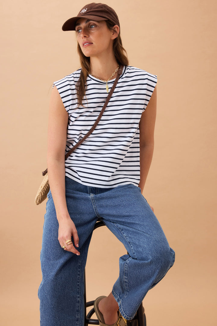 Esme Extended Shoulder Tee - Stripe Navy Tee shirt Ceres Life