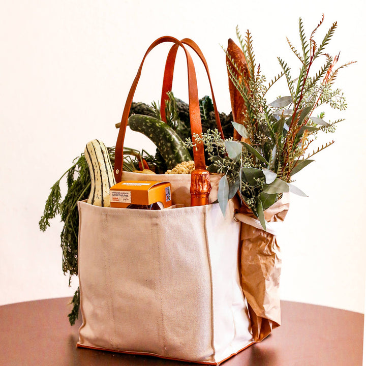 Heavy Canvas Tote Bag | Reusable Multi-Pocket Market Tote CapaBunga® Natural with Vegan Leather Handles and Base