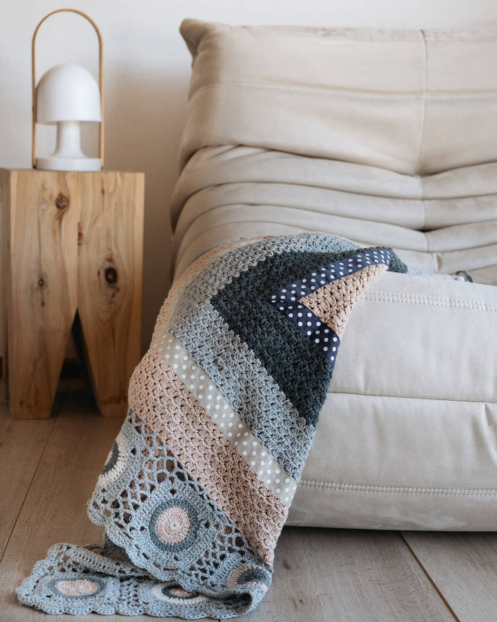 Hand Crochet Grey and Cream Blanket and the little dog laughed