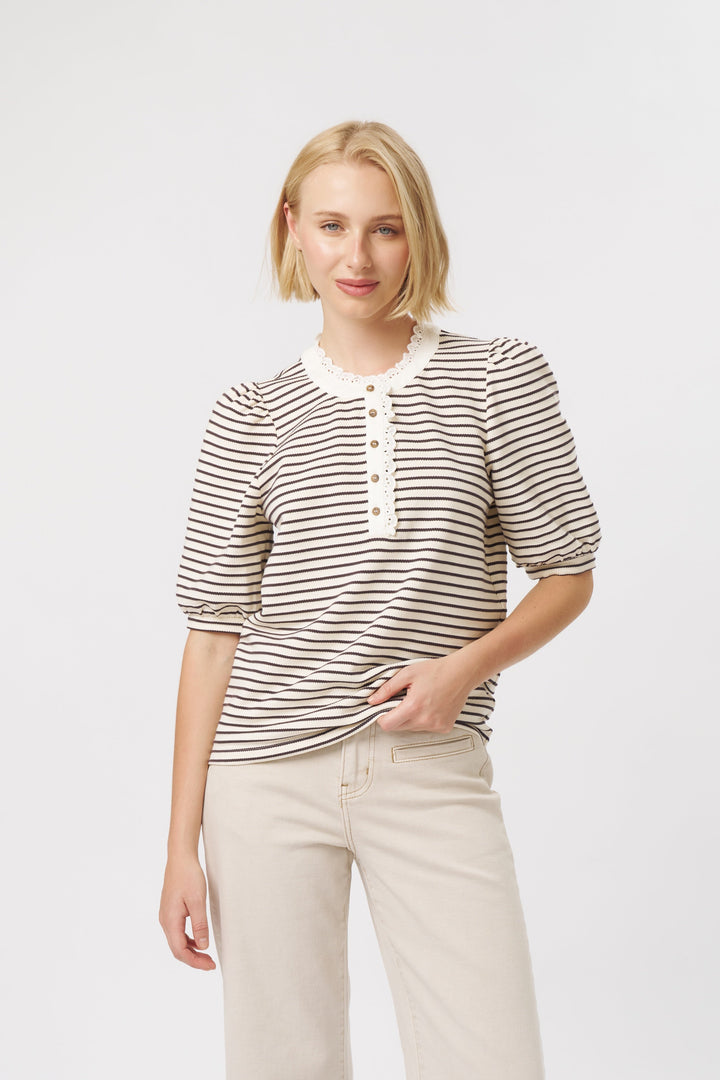 Jacqueline Top - White w/Brown Stripe