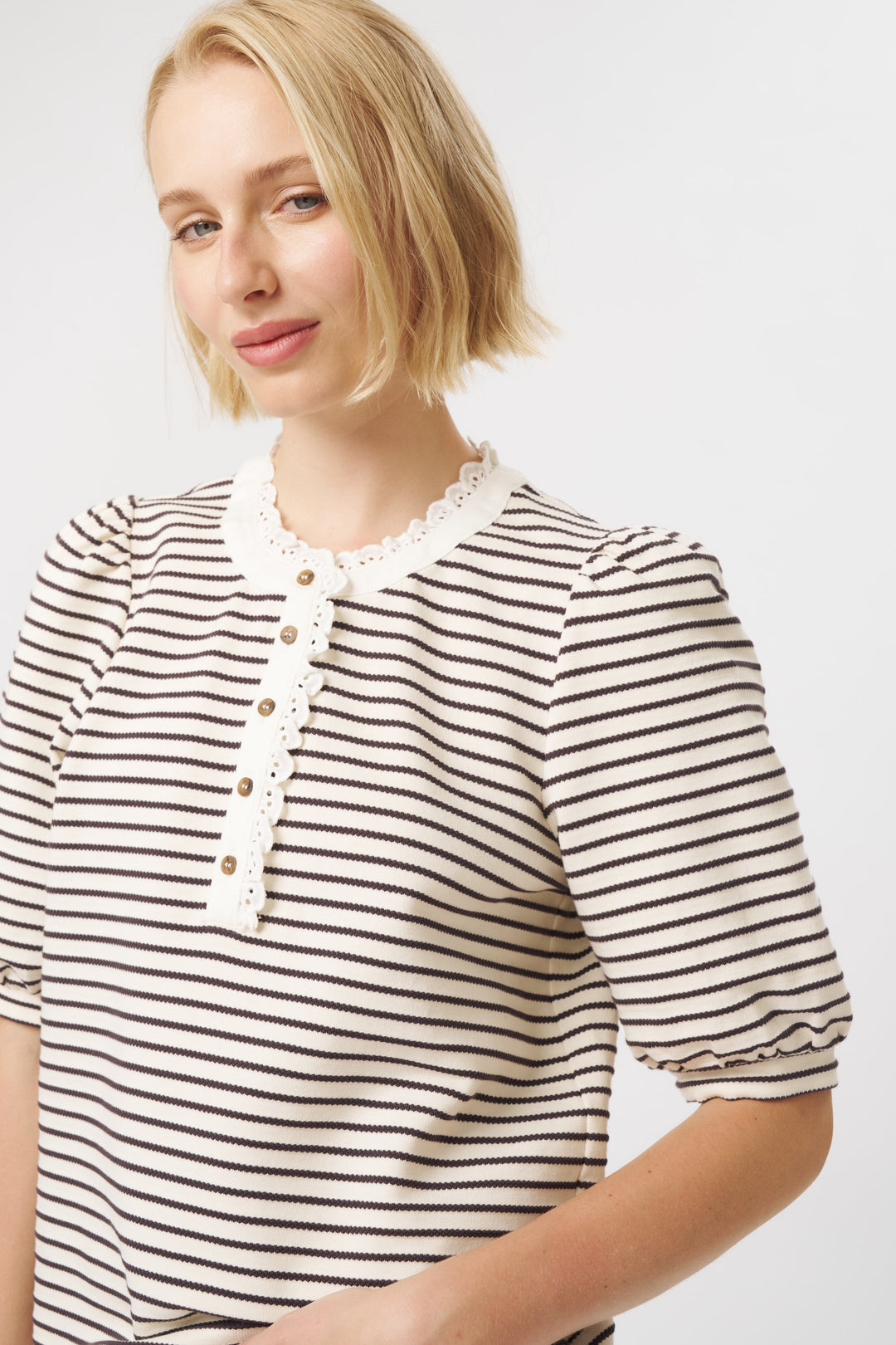 Jacqueline Top - White w/Brown Stripe