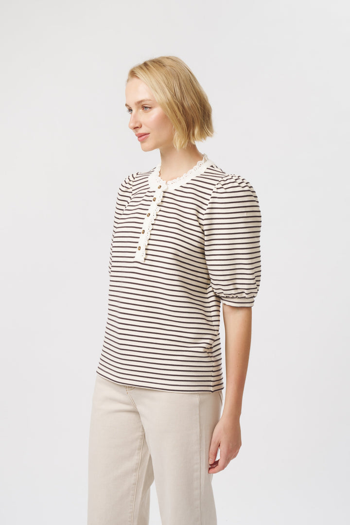 Jacqueline Top - White w/Brown Stripe
