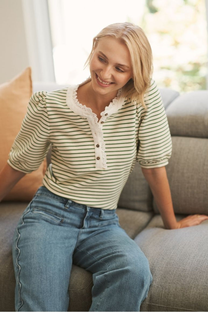 Jacqueline Top - White w/Green Stripe