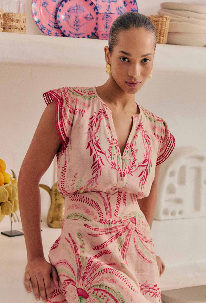 Aseel Linen Viscose Embroidered Top in Palmarosa Once Was