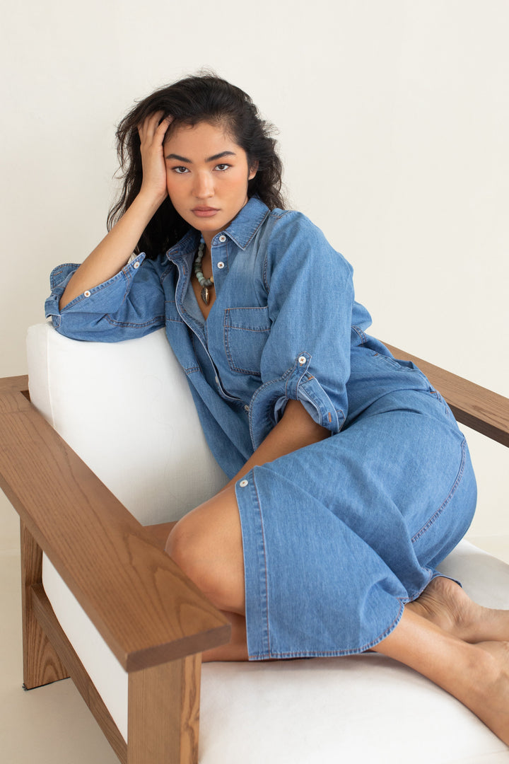 Denim Shirtdress - Mid Blue Wash dress Hut