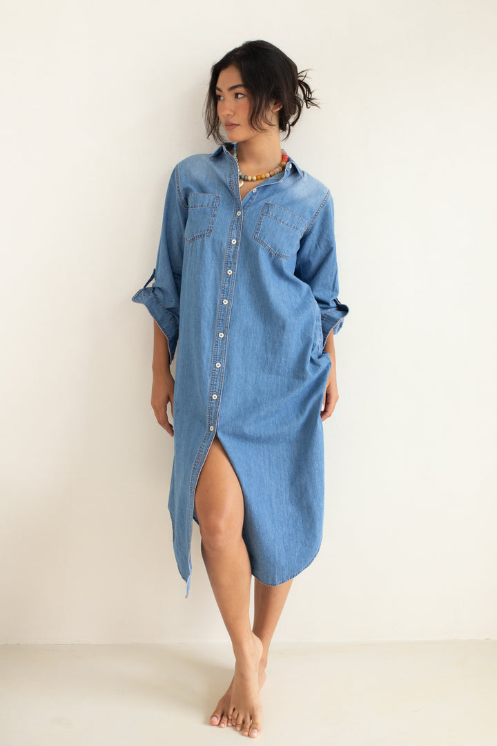 Denim Shirtdress - Mid Blue Wash dress Hut