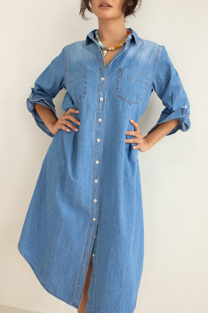 Denim Shirtdress - Mid Blue Wash dress Hut