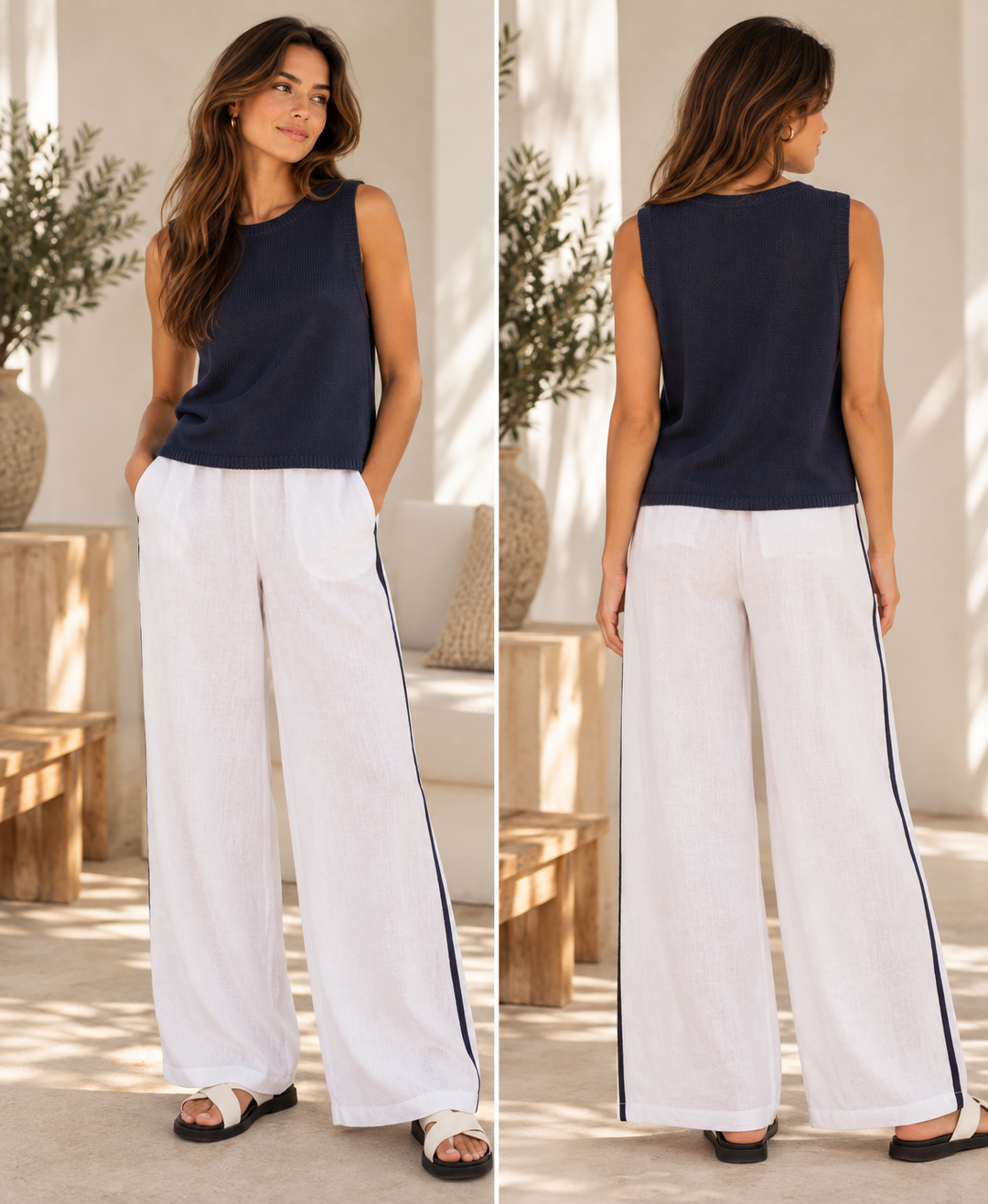Monaco Pants - White with Stripe