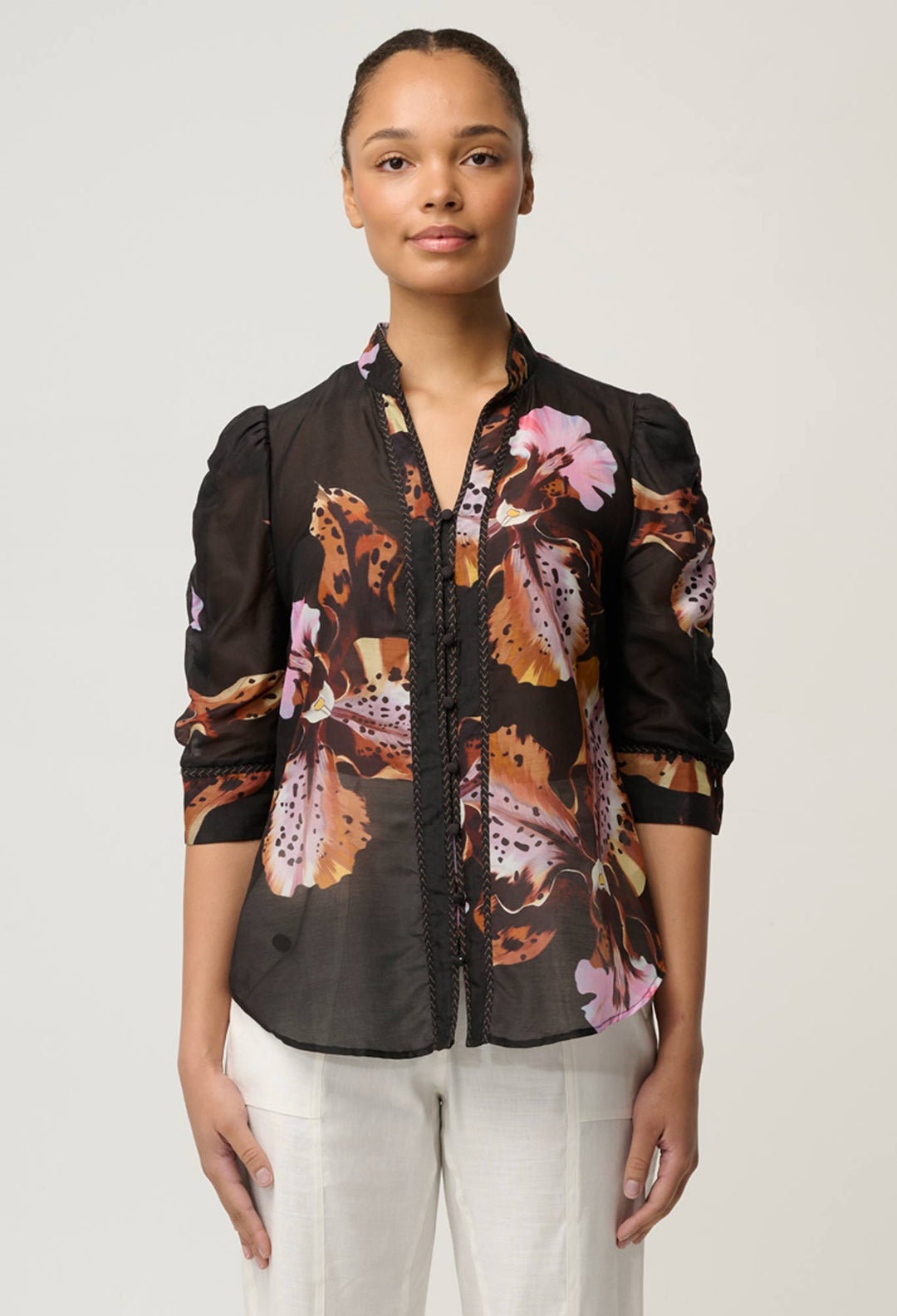 Calantha Cotton Silk Sleeve Shirt in Sunset Orchid