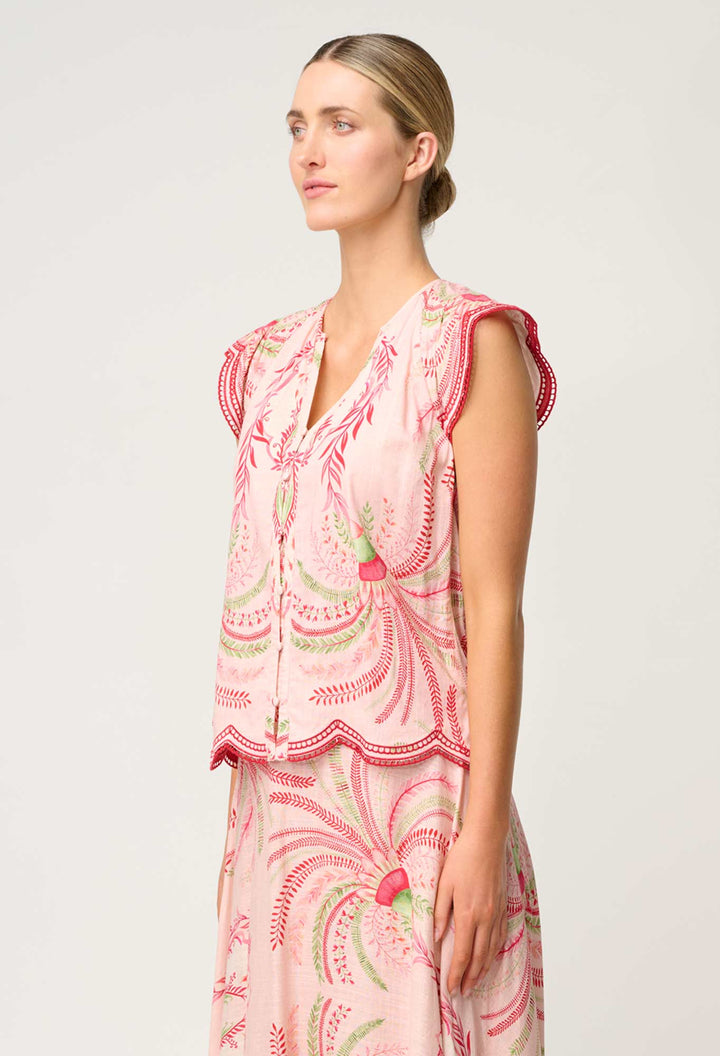 Aseel Linen Viscose Embroidered Top in Palmarosa Once Was