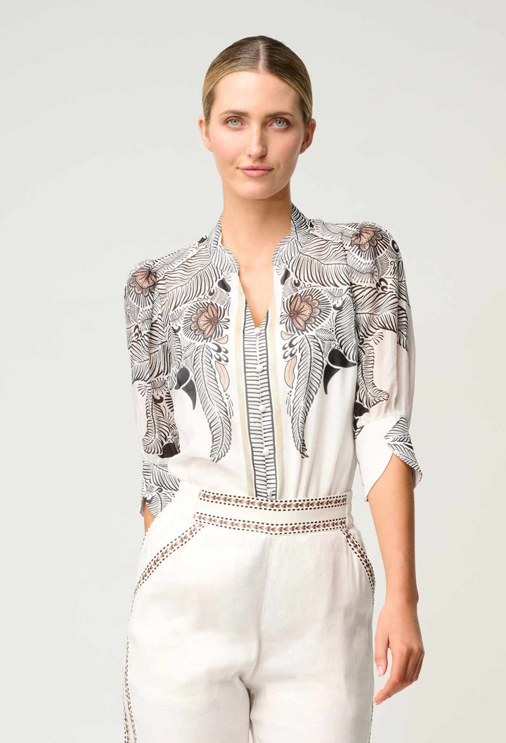 Leila Silk Cotton Placement Top in Ivory Casablanca Blouse Once Was