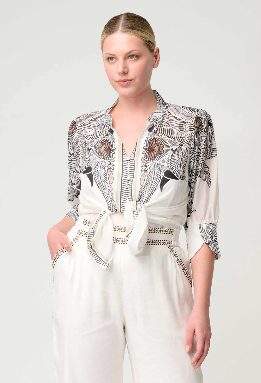 Leila Silk Cotton Placement Top in Ivory Casablanca Blouse Once Was