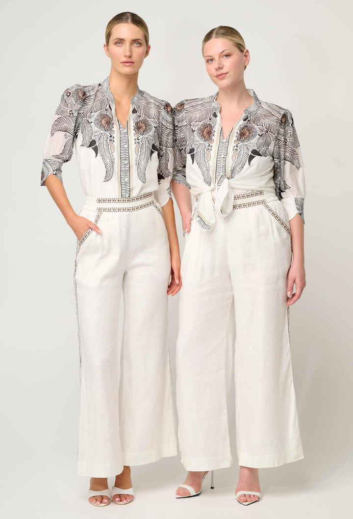 Leila Silk Cotton Placement Top in Ivory Casablanca Blouse Once Was