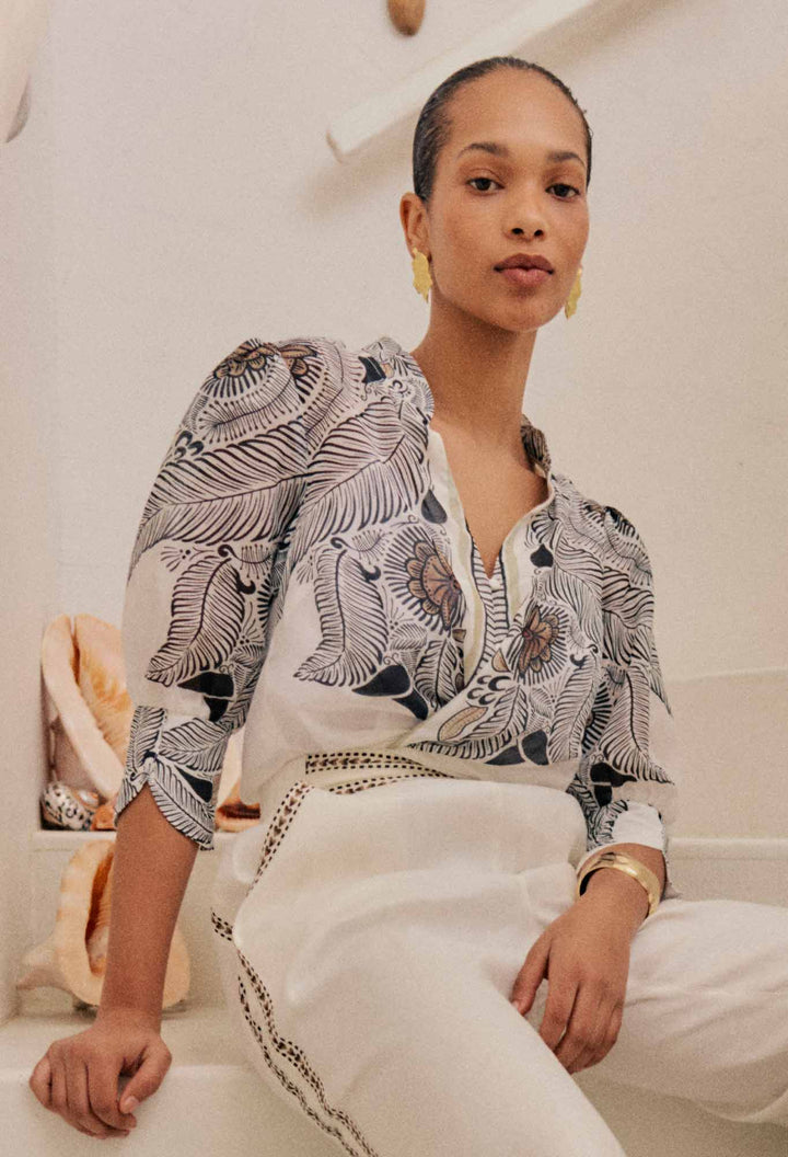 Leila Silk Cotton Placement Top in Ivory Casablanca Blouse Once Was