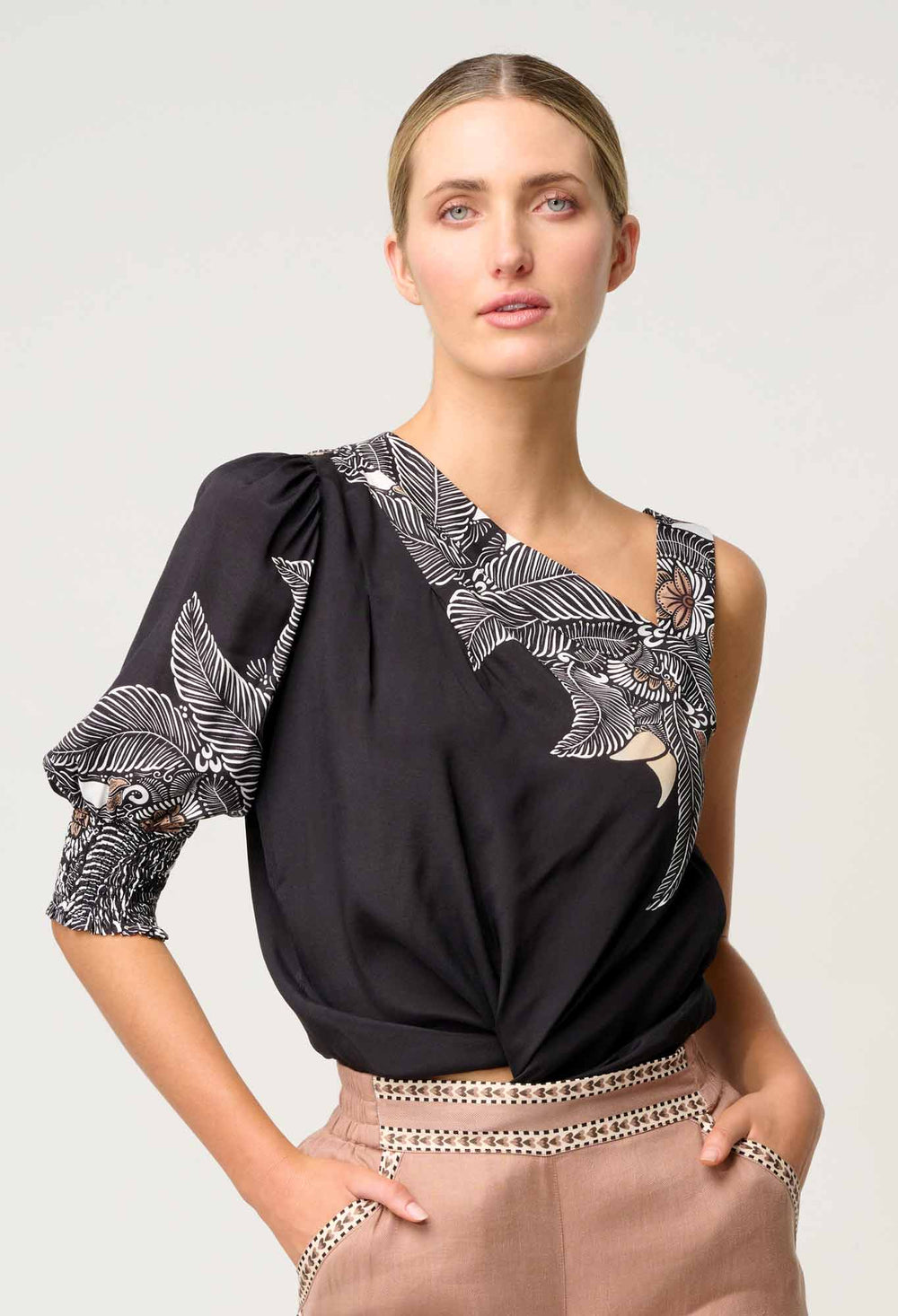 Tahani One Sleeve Placement Print top - ONYX Casablanca Blouse Once Was