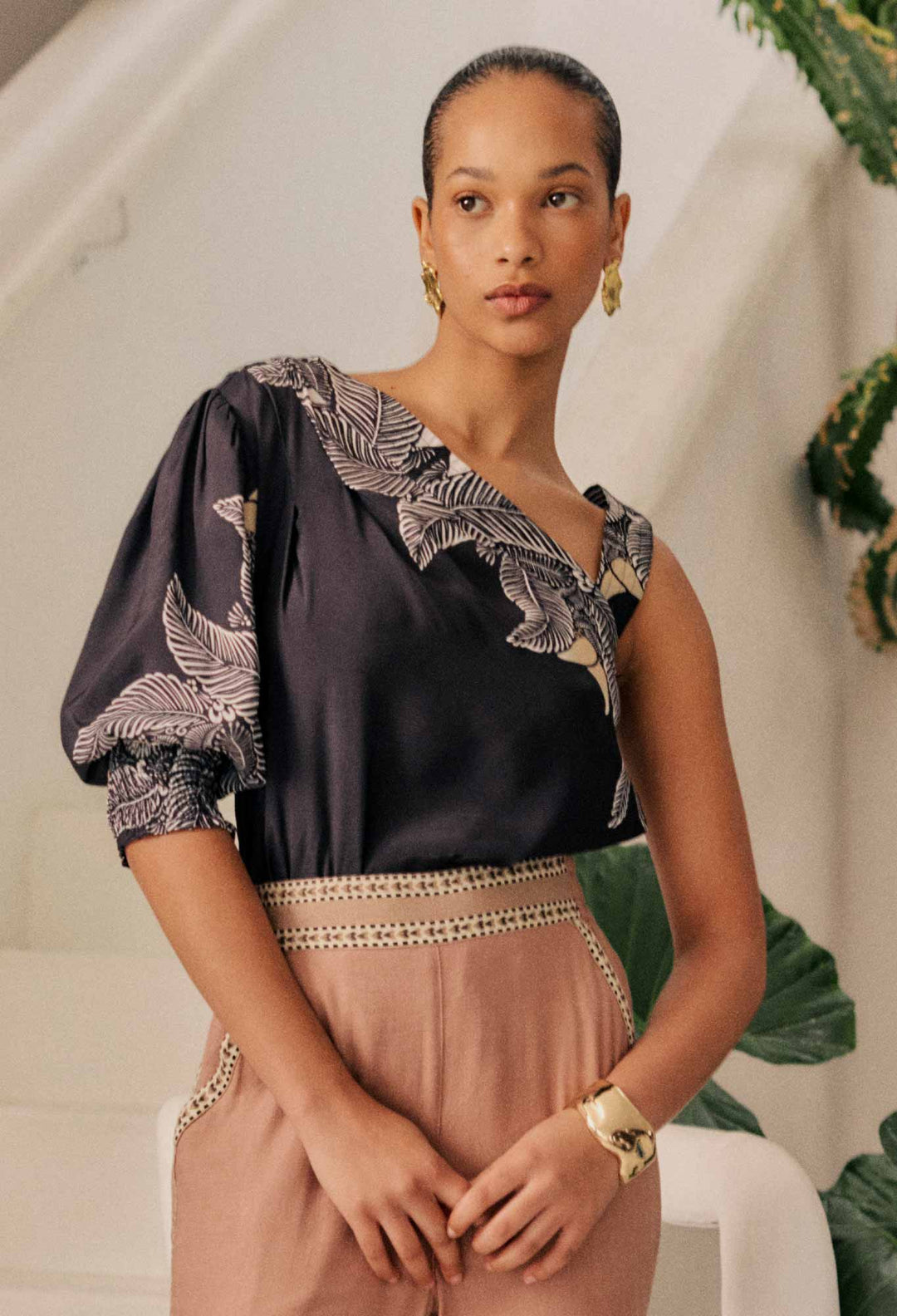 Tahani One Sleeve Placement Print top - ONYX Casablanca Blouse Once Was