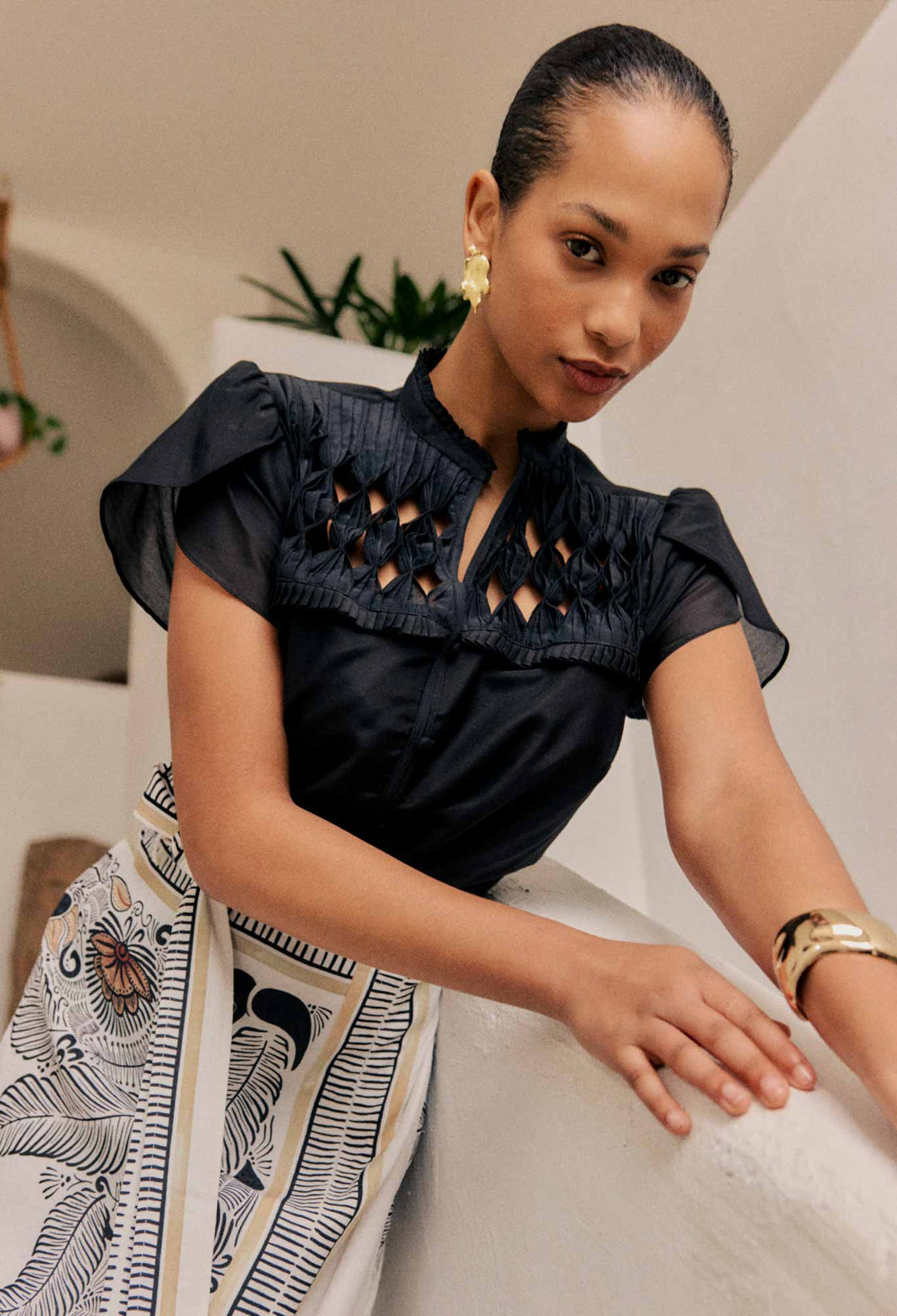 Dalia Diamond Smock Silk Cotton Print Shirt - ONYX Blouse Once Was