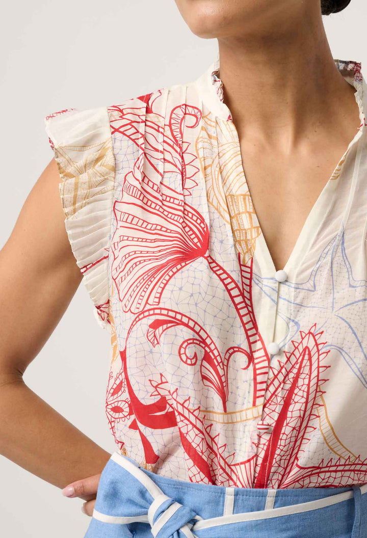 Reverie Cotton Silk Pleated Sleeve Top in Maritime Jewel