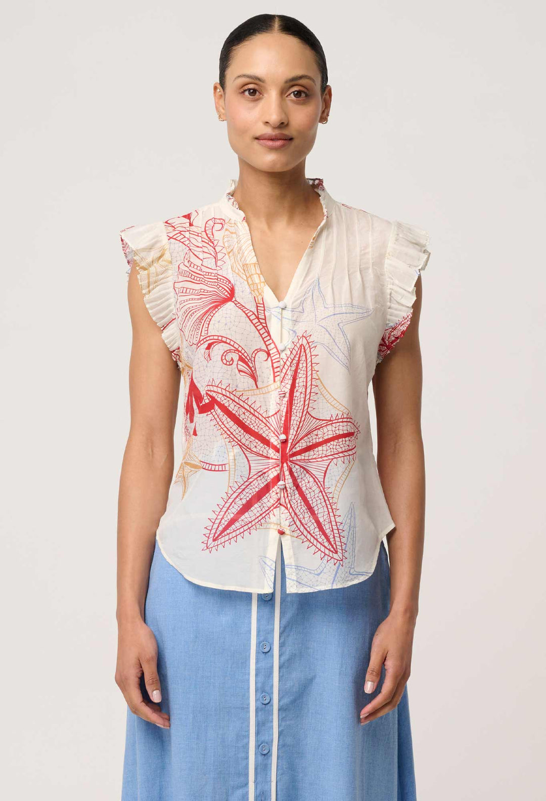 Reverie Cotton Silk Pleated Sleeve Top in Maritime Jewel