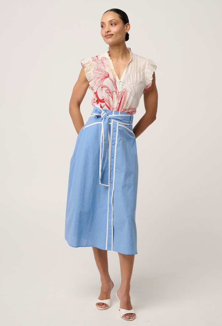 Reverie Cotton Silk Pleated Sleeve Top in Maritime Jewel