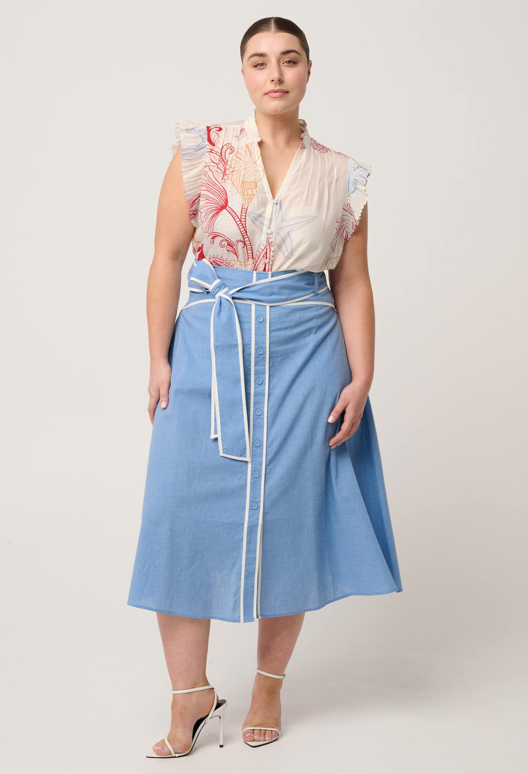 Reverie Cotton Silk Pleated Sleeve Top in Maritime Jewel