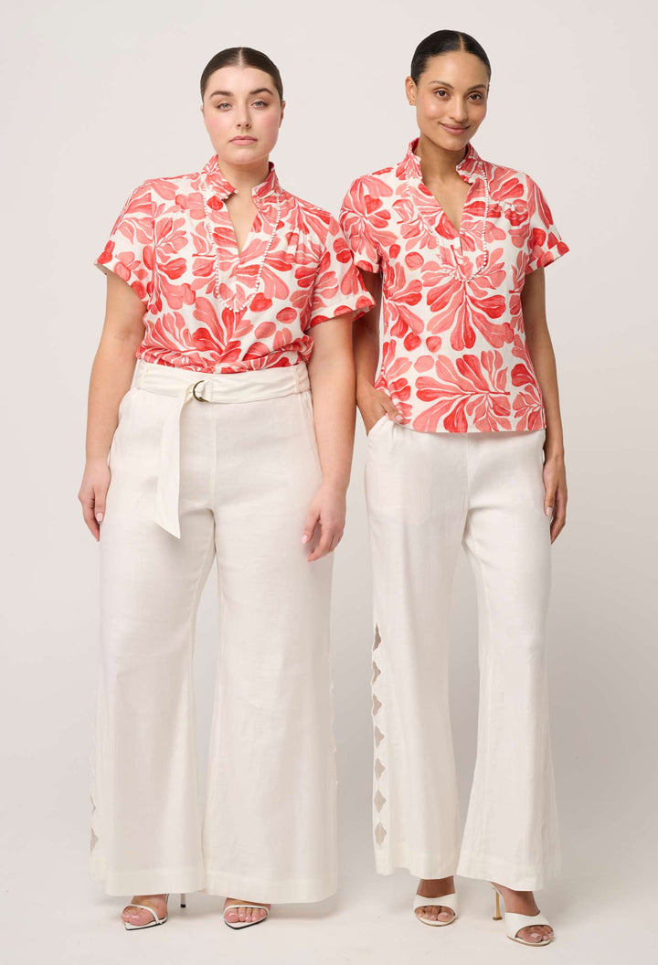 Giselle Viscose Linen Trim Detail Top in Soleil Pavilion Blouse Once Was