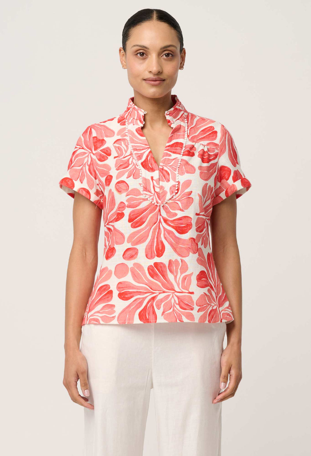 Giselle Viscose Linen Trim Detail Top in Soleil Pavilion Blouse Once Was