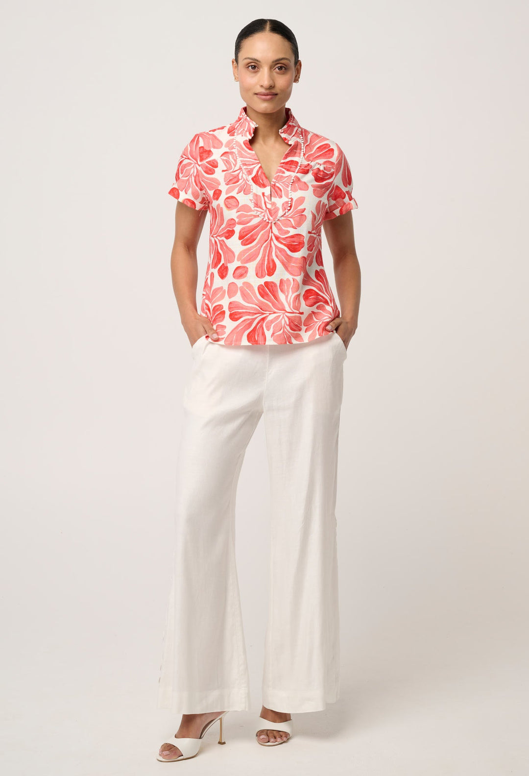 Giselle Viscose Linen Trim Detail Top in Soleil Pavilion Blouse Once Was