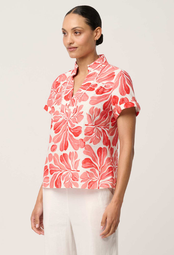 Giselle Viscose Linen Trim Detail Top in Soleil Pavilion Blouse Once Was