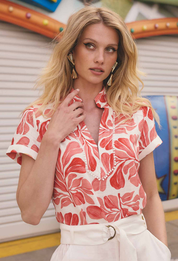 Giselle Viscose Linen Trim Detail Top in Soleil Pavilion Blouse Once Was
