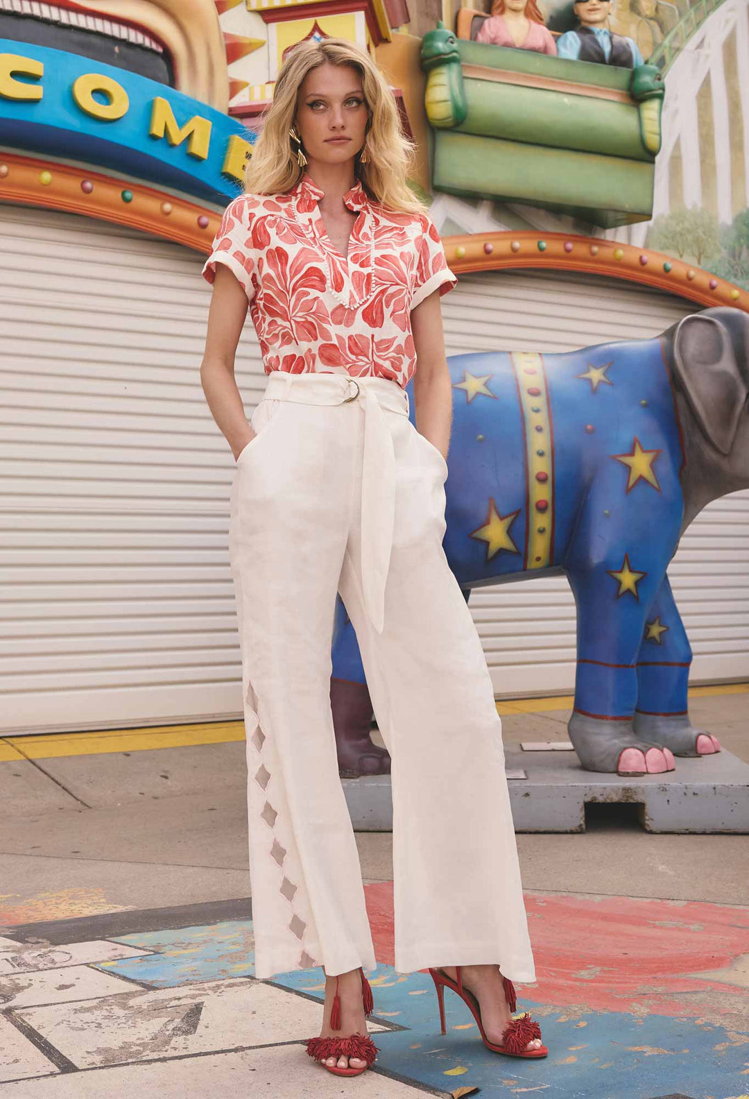 Kayla Stretch Linen Viscose Embroidered Pant in Ivory