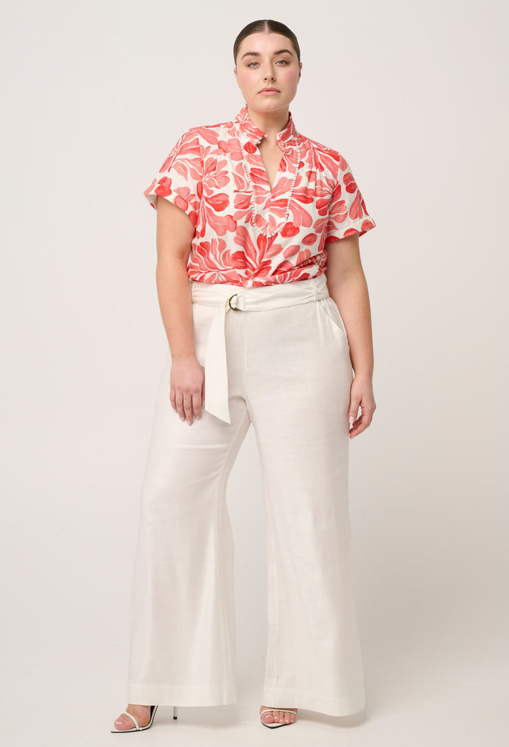 Giselle Viscose Linen Trim Detail Top in Soleil Pavilion Blouse Once Was