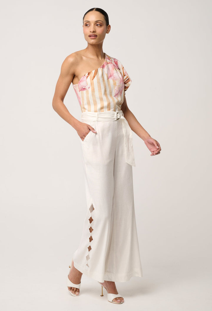 Kayla Stretch Linen Viscose Embroidered Pant in Ivory