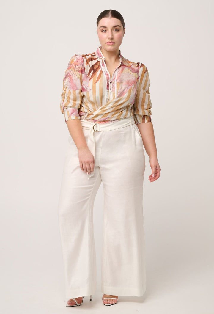 Kayla Stretch Linen Viscose Embroidered Pant in Ivory