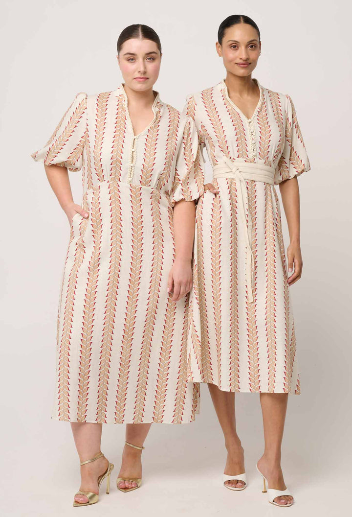 Marcelle Braided Trim Viscose Linen Dress in Gilded Frond