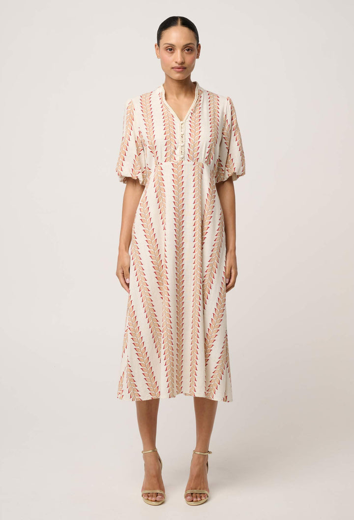 Marcelle Braided Trim Viscose Linen Dress in Gilded Frond