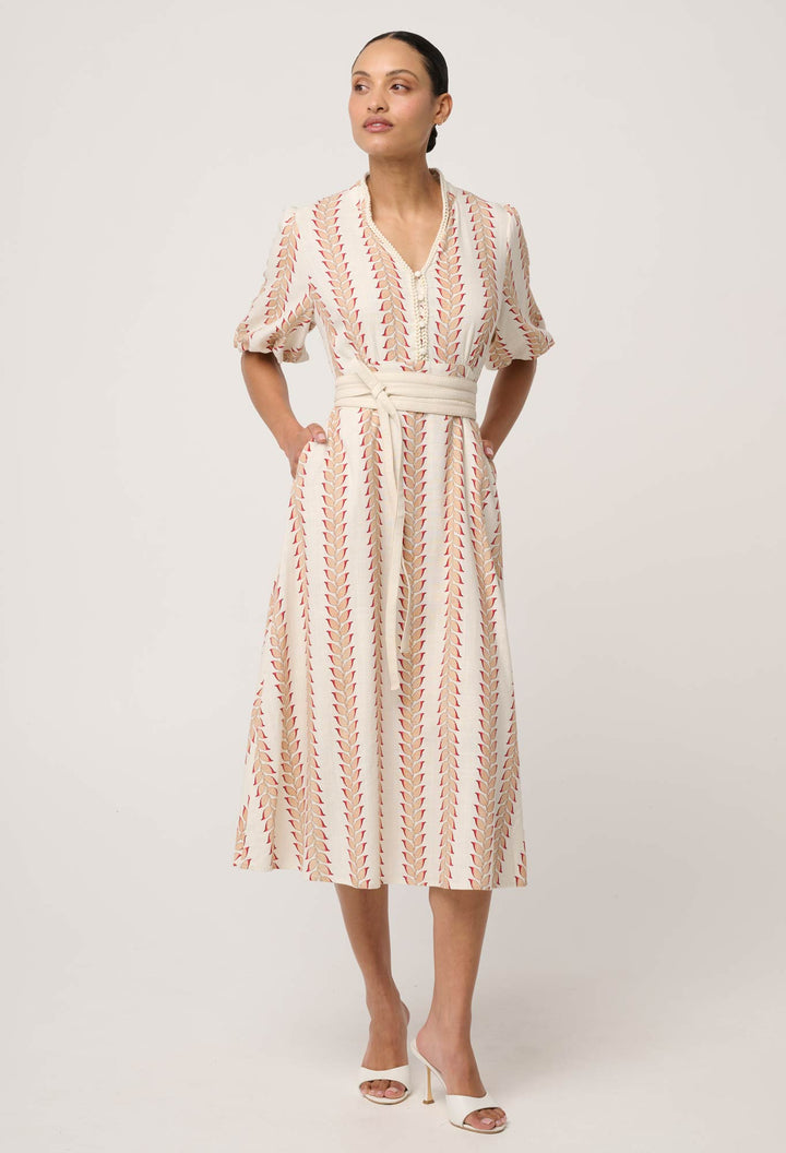 Marcelle Braided Trim Viscose Linen Dress in Gilded Frond