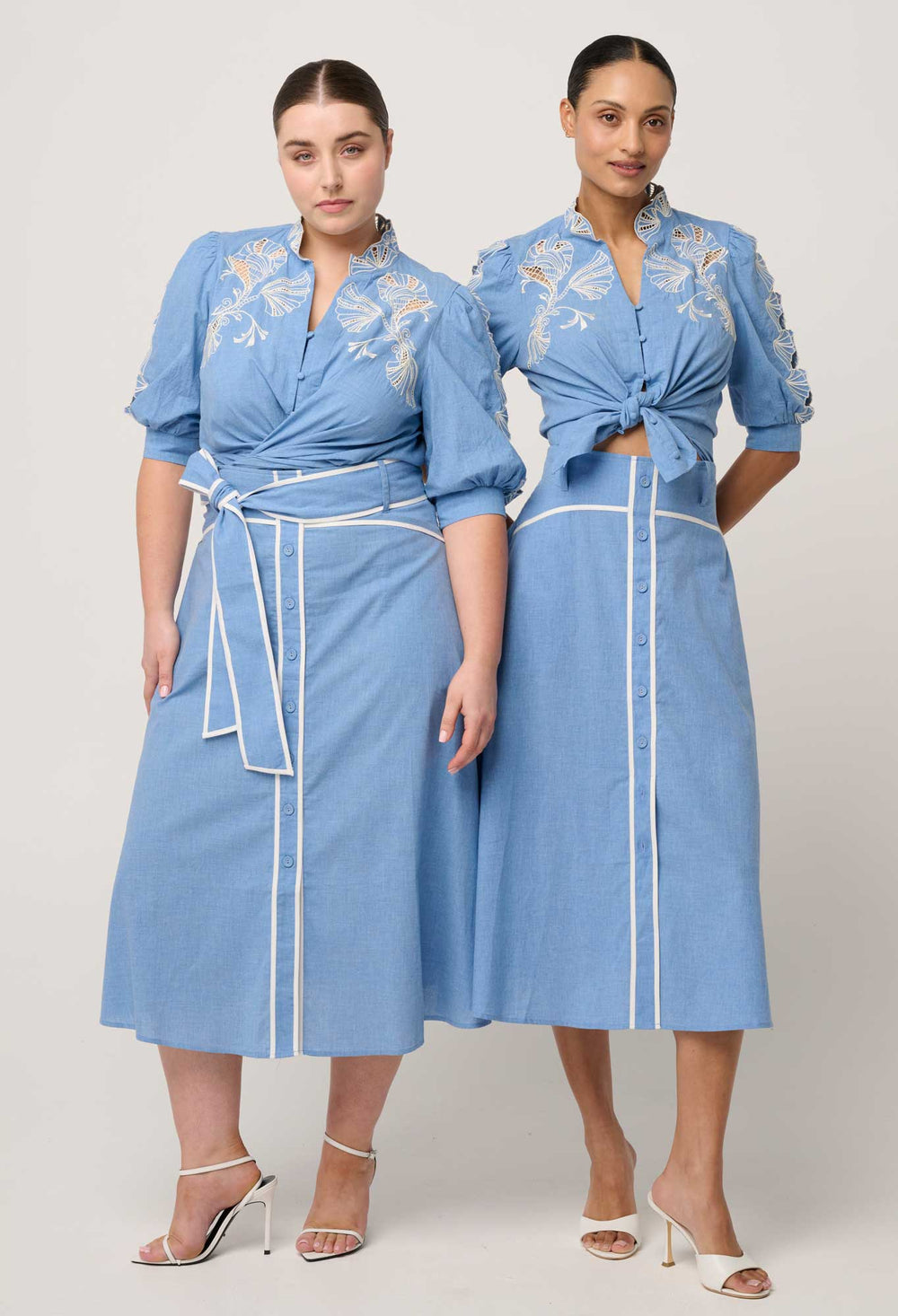 Selvia Cotton Chambray Contrast Bind Skirt in Blue Chambray skirt Once Was