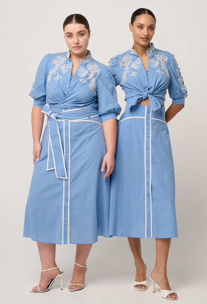 Selvia Cotton Chambray Contrast Bind Skirt in Blue Chambray skirt Once Was
