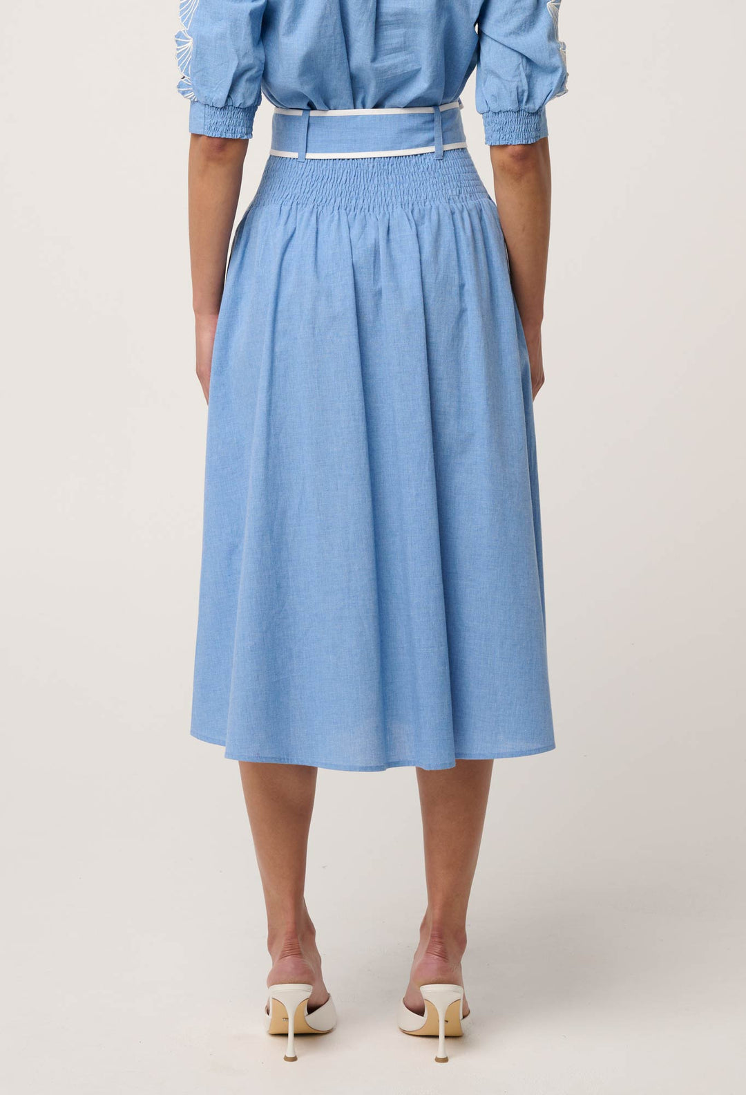 Selvia Cotton Chambray Contrast Bind Skirt in Blue Chambray skirt Once Was