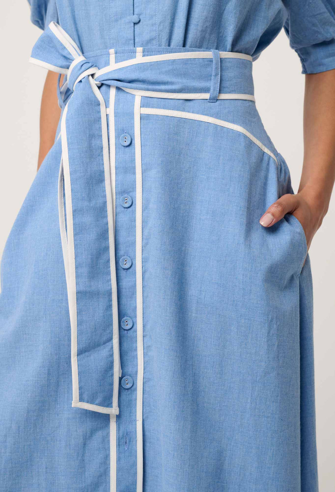 Selvia Cotton Chambray Contrast Bind Skirt in Blue Chambray skirt Once Was