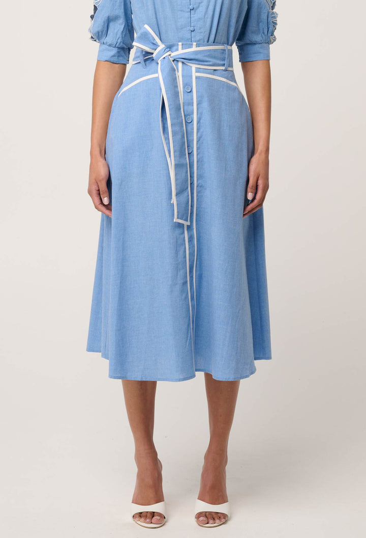 Selvia Cotton Chambray Contrast Bind Skirt in Blue Chambray skirt Once Was