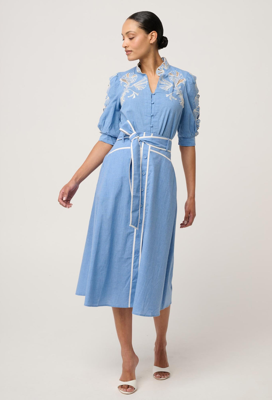 Selvia Cotton Chambray Contrast Bind Skirt in Blue Chambray skirt Once Was