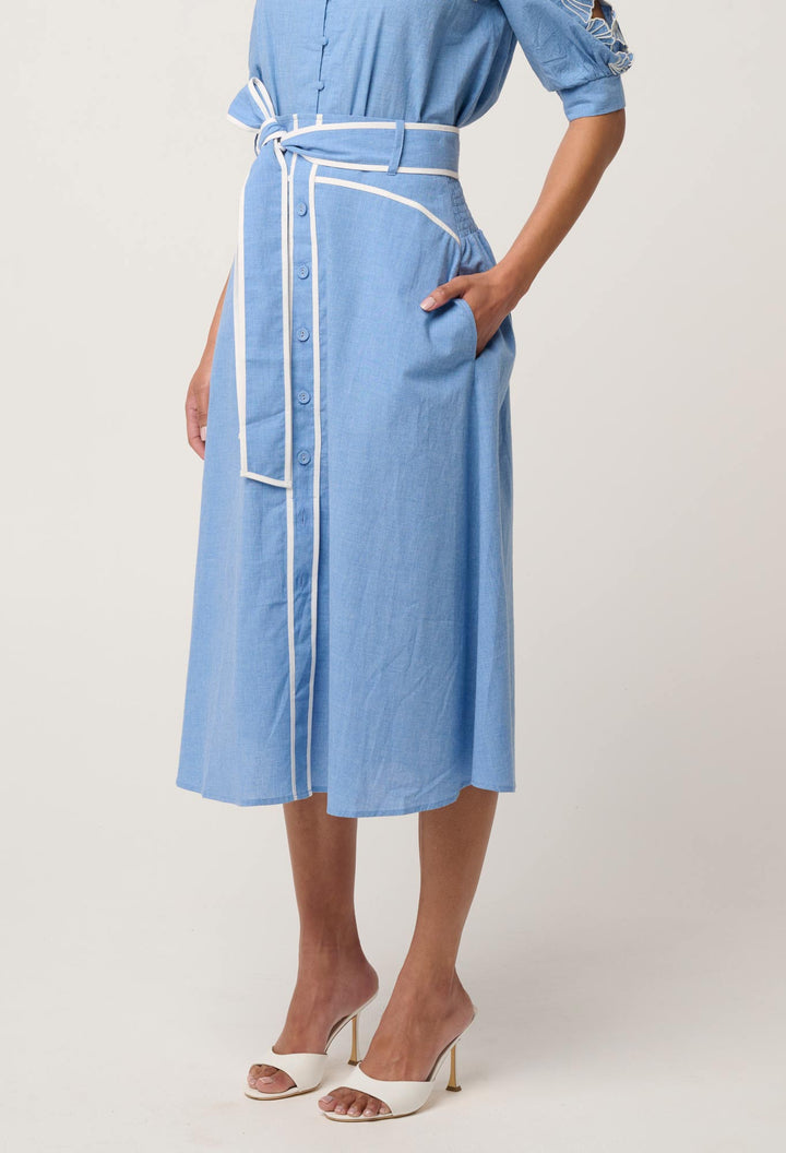 Selvia Cotton Chambray Contrast Bind Skirt in Blue Chambray skirt Once Was